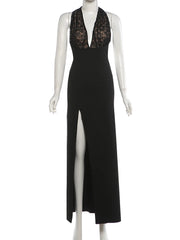 Black Low-Neck Lace Patchwork High Split Maxi Dress