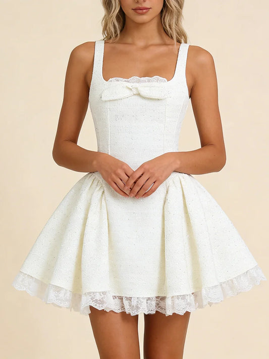 White Tweed Sparkle Bow Flare Mini Dress