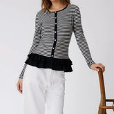 Long Sleeve Ruffles Stripe Print Round-Neck Button Down Shirt