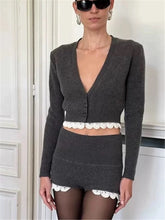 Grey Lace Trim Knit Cardigan And Shorts Set
