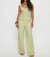 Green Striped Sleeveless Top And Wide Leg Pants Set