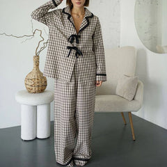 Gingham Bow Tie Long Sleeve Shirt And Pants Pajama Sets
