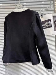 Black Lace Bow Quilted Short Blazer And Skirt Set