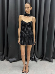 Polka Dot Ruched Mini Dress With Scarf