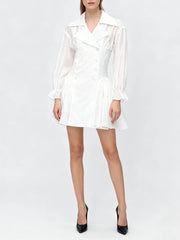 White Long Sleeve Mesh Ruffles Double Breasted Mini Dress