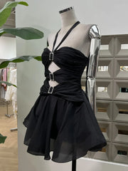 Halter Cut Out Metal Buckle Flare Mini Dress