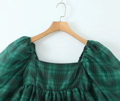 Green Gingham Puff Sleeve Organza Ball Mini Dress