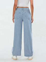 Low Rise Jeans Side Stripe Tie Bow Straight Leg Denim Pants