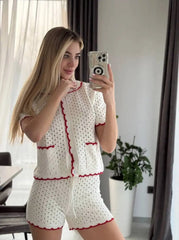 White Knitted Short Sleeve Top And Shorts Set