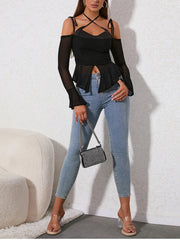 Black Mesh Halter Strap Long Sleeve Top