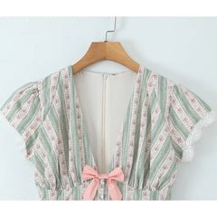 Green Striped Floral Print Short Sleeve Mini Dress