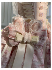 Pink Lace Up Strapless Bow Pearl Desgin Tiered Mini Dress