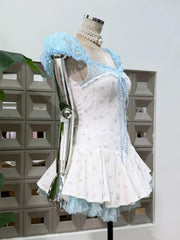 Floral Print Corset Square Neck Puff Sleeve Ruffle Hem Mini Dress