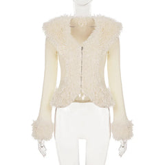 Furry Patchwork Ribbed Zipper Cardigan