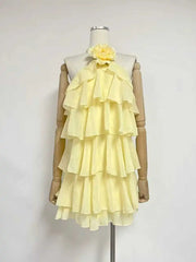 Ruffle Halter Flower Decoration Layered Mini Dress