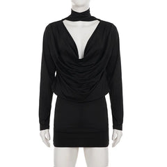Black Deep Cowl Neck Long Sleeve Mini Dress