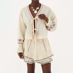 Long Sleeve Embroidered Tie Front Top And Mini Skirt Set