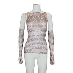 Mesh Letter Printed O-Neck Tank Top With Gloves