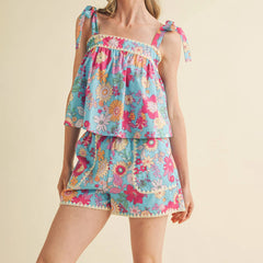 Floral Print Sleeveless Tie Up Tops with Shorts Sleepwear Set