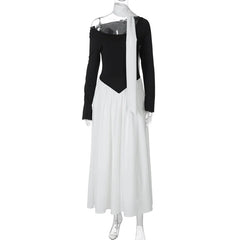 Long Sleeve Contrast Flare With Neck Scarf Maxi Dress