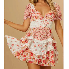 Flower Print Tiered Patchwork Short Sleeve Mini Dress