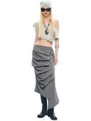 Ruched Bottom Button Zip Mid-Calf Skirts