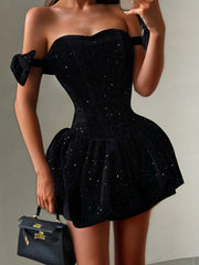 Sequin Bow Puffy Mini Dress