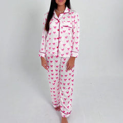Bow Print Satin Loungewear Pajama Set