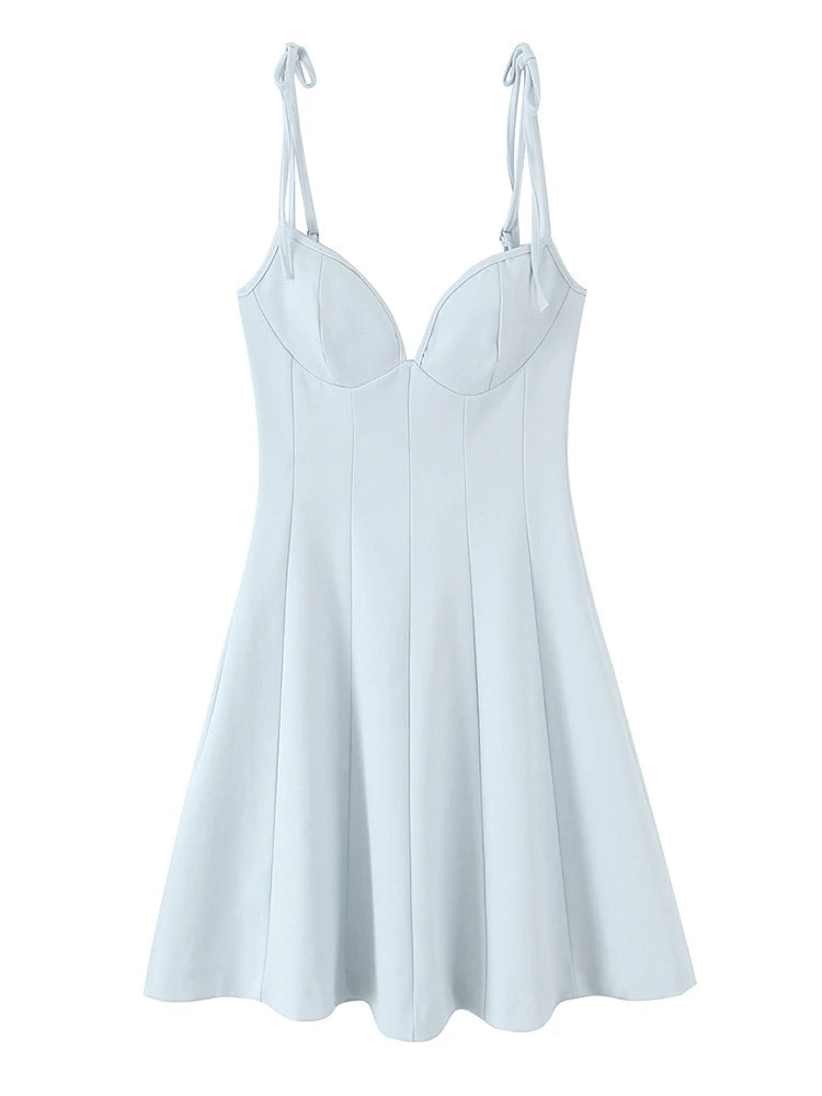 A light blue sleeveless mini dress with thin adjustable tie straps, a sweetheart neckline, and a flared skirt, shown against a plain white background.