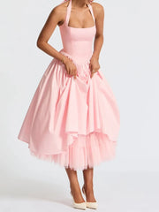 Halter Tulle Flare Maxi Dress