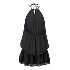 Pearl Halter Neck Open Back Frill Mini Dress