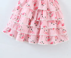 Pink Floral Print Smocked Layered Mini Dress