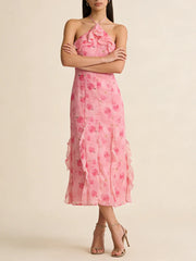 Pink Rose Print Frill Halter Midi Dress