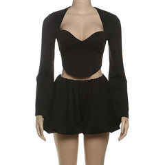 Black Long-sleeved Crop Top And Puff Mini Skirt Set