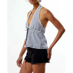 Striped Halter Ribbion Tie Up V-Neck Top