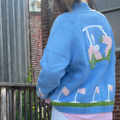 Blue Golf Car Long Sleeve Knitwear Cardigan with Pockets