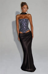 Sequins Scarf Collar Lace Up Corset Top And Satin Maxi Skirt