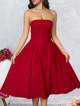 Strapless Solid Flare Red Midi Dress