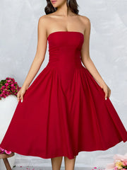 Strapless Solid Flare Red Midi Dress