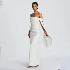 Slash Neck Off-Shoulder Ribbon Split Maxi Dress