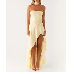 Strapless Printed Ruffles Midi Dress with Scarf