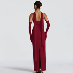 Strappy Solid V-Neck Maxi Dress With Scarf