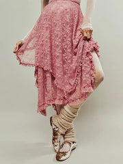 Lace Ruffle Sheer Asymmetrical Hemline Midi Skirt