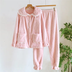 Flannel Plush Long Sleeve Shirt And Pants 2 Piece Set