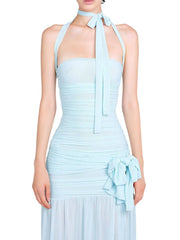 Blue Ruched Halter Draped Bow Maxi Dress