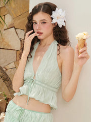 Halter Ruched Tie Up Crop Top And Mini Skirt Set