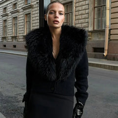 Black Cropped Faux Fur Removable Collar Cardigan