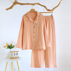 Embroidery Cotton Long-sleeved Shirt And Pants Two Piece Loungewear Set