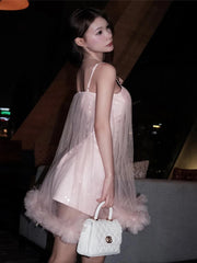 Pink Mesh Sequin Layered Babydoll Mini Dress