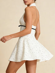 White Polka Dot Halter Bow Accent Waist Pleated Bodice Mini Dress